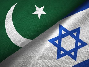 Pakistan and Israel two flags textile cloth, fabric texture