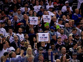 Fans cheer for the Columbus Blue Jackets in Game Four of the Eastern Conference First Round during the 2019 NHL Stanley Cup Playoffs against the Tampa Bay Lightning on April 16, 2019 at Nationwide Arena in Columbus, Ohio.