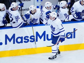 Zach Hyman celebrates a goal against the Columbus Blue Jackets during Game 4 of their Eastern Conference play-in series. Hyman is one of the hardest workers on the Maple Leafs.