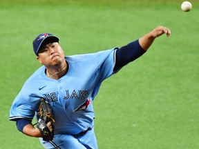 Blue Jays starter Hyun-Jin Ryu delivers a pitch during the first inning of a game against the Rays at Tropicana Field in St Petersburg, Fla., Saturday, Aug. 22, 2020.