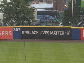 The Toronto Blue Jays display a Black Lives Matter slogan on their outfield wall at Sahlen Field.