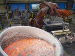 Aluminum in a smelter is seen at the Alouette aluminum plant in Sept-Iles, Que., Tuesday, May 21, 2019.