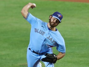 Toronto Blue Jays pitcher Jordan Romano throws a pitch against the Miami Marlins during the eighth inning at Sahlen Field in Buffalo, N.Y., Aug. 11, 2020.
