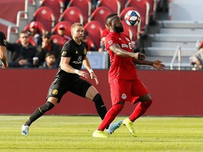 TFC’s Jozy Altidore (right) has not scored since last September — a six-game span due to his time away from the pitch. TFC is slated to play in Montreal tonight. USA TODAY SPORTS FILES