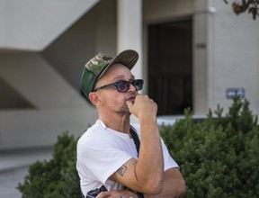 KT, outside of the City of Toronto temporary shelter, where he is a resident, at the Roehampton Hotel, on Mt.Pleasant Rd. at Eglinton Ave E., in Toronto, Ont. on Wednesday, Aug. 12, 2020.