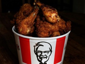 A KFC bucket of mixed fried and grilled chicken is seen in this picture illustration taken April 6, 2017.