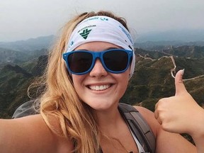 Madi Vanstone is pictured after her fifth day of climbing the Great Wall of China to raise money for costly cystic fibrosis drugs.