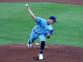 Toronto Blue Jays starting pitcher Nate Pearson (24) throws a pitch against the Miami Marlins during the first inning at Sahlen Field in Buffalo, New York, on Wednesday, Aug. 12, 2020.