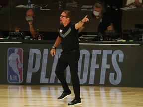 Raptors head coach Nick Nurse reacts during last night’s game against the Brooklyn Nets.