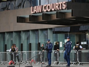 General view of Christchurch High Court as victims and their support people arrive for the sentencing of Brenton Harrison Tarrant in Christchurch, New Zealand, Thursday, Aug. 27, 2020.