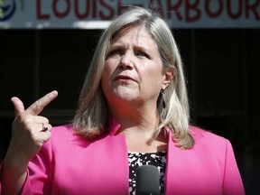Ontario NDP Leader Andrea Horwath stages a press conference at Louise Arbour elementary school in Ottawa Aug 10, 2020.