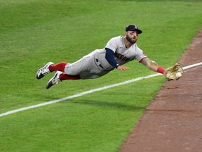 Boston Red Sox outfielder Kevin Pillar gets up to his old tricks as he makes a catch in foul territory against the Baltimore Orioles earlier this week. Pillar was a fan favourite during his time with the Blue Jays.