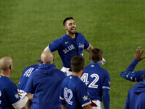 Blue Jays' Randal Grichuk celebrates after hitting a walk-off two-run home run during the 10 inning to beat the Baltimore Orioles 5-4 at Sahlen Field on Aug. 28, 2020 in Buffalo.