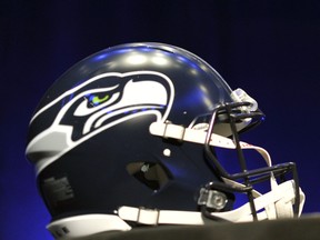 The Seattle Seahawks helmet is displayed January 31, 2014 in New York.