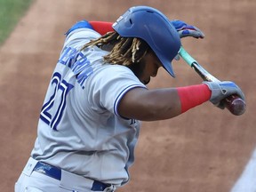 Vladimir Guerrero Jr. of the Blue Jays reacts after striking out against the Washington Nationals in the third inning at Nationals Park on Jul 27, 2020.