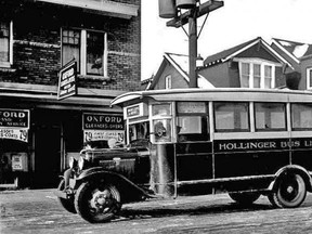 An undated photo of an early Hollinger bus at an unknown bus stop. Anyone recognize this Oxford Cleaners and Dyers location?