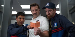 Nick Mohammed, Jason Sudeikis, and Brendan Hunt in “Ted Lasso,” premiering globally on Friday, Aug. 14, on Apple TV+.