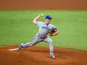 Blue Jays starting pitcher Trent Thornton delivers a pitch during the first inning against the Tampa Bay Rays at Tropicana Field on Sunday. Thornton left the game after the first inning due to an elbow injury.