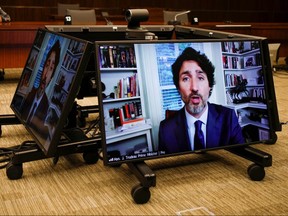 Prime Minister Justin Trudeau attends a House of Commons finance committee meeting via a video chat, in Ottawa July 30, 2020.