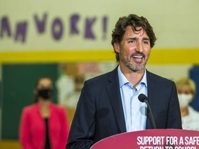 Canadian Prime Minister Justin Trudeau makes an announcement at Yorkwoods Public School in Toronto, Ont.  on Wednesday August 26, 2020.