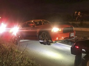 Dodge Charger was impounded Sunday at 1 a.m. after it was involved in organized street racing on Applewood Cres. in Vaughan. York Police Air2 helicopter assisted in nabbing  the 22-year-old Milton man going 186 km/h He was in the car with his girlfriend who is seven-months pregnant. A radar detector was also found in the car. YORK REGIONAL POLICE/Toronto Sun/Postmedia Network