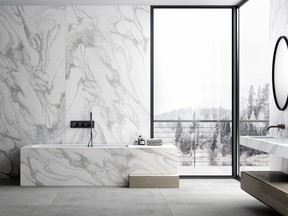 Dekton—seen here in Liquid Sky—can be installed in large format tiles to create a seamless surface. SUPPLIED