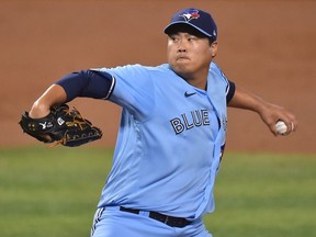 Hyun-Jin Ryu of the Toronto Blue Jays delivers a pitch in the first inning against the Miami Marlins at Marlins Park on September 02, 2020 in Miami, Florida.