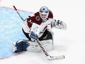 Third-stringer Michael Hutchinson of the Colorado Avalanche warms up prior to Game 6 against the Dallas Stars.