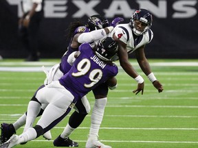 Deshaun Watson of the Houston Texans is pressured by Matt Judon #99 of the Baltimore Ravens during a Week 2 game. The Ravens take on the Chiefs in the Sunday nighter in Week 3.