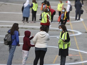 At Portage Trail Community School, students were directed to their classroom   marked in the schoolyard as circles on Sept. 15, 2020.