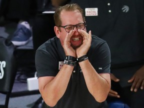 Raptors head coach Nick Nurse calls out to his team against the Boston Celtics during Game 1.