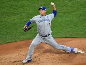 Blue Jays starting pitcher Hyun-Jin Ryu pitches against the Phillies on Saturday night.
