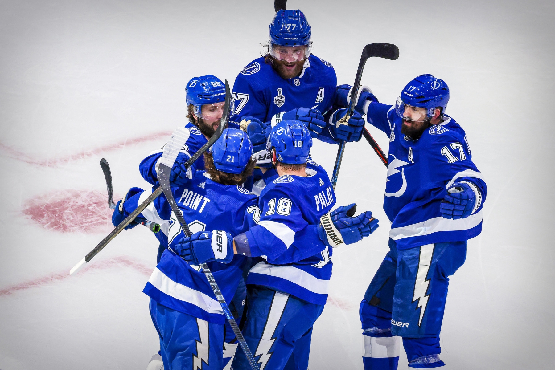 Tampa Bay Lightning center Brayden Point (21) celebrates his goal with  Ondrej Palat, right, as …