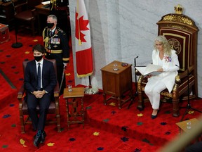 Canada's Governor General Julie Payette  delivers the Throne Speech in the Senate as Canada's Prime Minister Justin Trudeau listens, as parliament prepares to resume in Ottawa, Ontario, Canada September 23, 2020.  REUTERS/Patrick Doyle ORG XMIT: GGG-OTW215