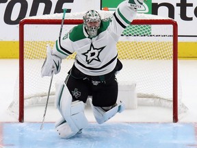 Stars goaltender Anton Khudobin celebrates an overtime series win against the Golden Knights in Game 5 of the Western Conference Final during the 2020 NHL Stanley Cup Playoffs at Rogers Place in Edmonton, Monday, Sept. 14, 2020.