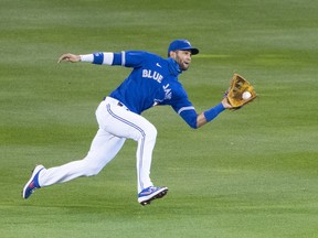 Toronto Blue Jays left fielder Lourdes Gurriel Jr. catches a line drive hit by New York Yankees left fielder Clint Frazier (not pictured) during the second inning at Sahlen Field.