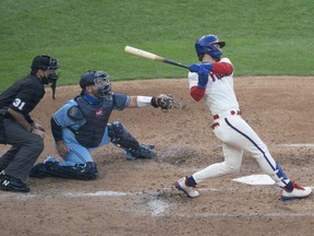 Phillies right fielder Bryce Harper hits a two-run home run during the fifth inning against the Blue Jays at Citizens Bank Park in Philadelphia, Friday, Sept. 18, 2020.