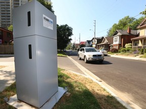 An automated speed enforcement camera in East York. located on Barrington Ave. northeast of Danforth Ave. and Main St. on July 6, 2020.