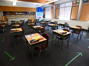A grade six classroom awaits students at Hunter's Glen Junior Public School, part of the Toronto District School Board (TDSB), a day before classes reopen for the first time since the beginning of the COVID-19 pandemic in Scarborough, Sept. 14, 2020.