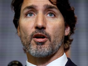 Prime Minister Justin Trudeau speaks during a news conference at a Cabinet retreat in Ottawa, Ontario, Canada Sept. 14, 2020.