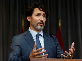 Prime Minister Justin Trudeau speaks to media following a cabinet retreat in Ottawa September 16, 2020.