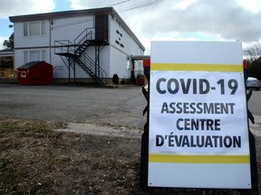 A COVID-19 testing centre located at the Lion's Club Hall in Winchester, Ont.