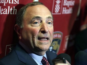 National Hockey League Commissioner Gary Bettman speaks to members of the media , Saturday, March 7, 2020, in Sunrise, Fla.