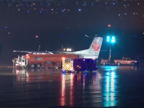 A screengrab from video of the aftermath of a Jazz Aviation LP flight and a fuel tanker colliding at Pearson airport on May 10, 2020.