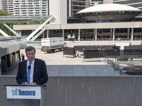 Toronto Mayor John Tory speaking to media about the planned replacement for the much-loved TORONTO sign at Nathan Phillips Square. The new sign will be installed over the coming week.
