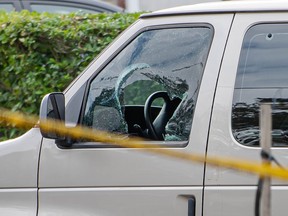 The damaged driver's side window of a van is seen after a man in his 50s was found wounded on Stilecroft Dr. just before 5 a.m. Wednesday, Sept. 2 2020. He is Toronto's 47th homicide of 2020.