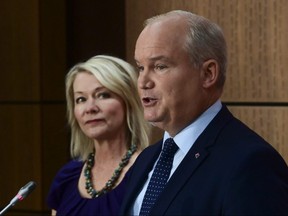Conservative Leader Erin O'Toole introduces his Deputy Leader, Candice Bergen, as they hold a a press conference on Parliament Hill in Ottawa Wednesday, Sept. 2, 2020.