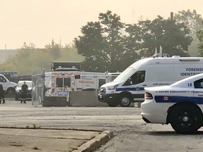 Peel Regional Police at the scene of a fatal shooting in Brampton on Friday, Sept. 25, 2020.