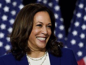 Democratic vice presidential running mate, US Senator Kamala Harris, speaks during the first press conference with Joe Biden in Wilmington, Delaware, on August 12, 2020. (Photo by Olivier DOULIERY / AFP) (Photo by OLIVIER DOULIERY/AFP via Getty Images)