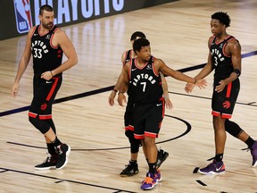 LAKE BUENA VISTA, FLORIDA - SEPTEMBER 09: Kyle Lowry #7 of the Toronto Raptors reacts after their win against the Boston Celtics during double overtime in Game Six of the Eastern Conference Second Round during the 2020 NBA Playoffs at The Field House at the ESPN Wide World Of Sports Complex on September 09, 2020 in Lake Buena Vista, Florida. NOTE TO USER: User expressly acknowledges and agrees that, by downloading and or using this photograph, User is consenting to the terms and conditions of the Getty Images License Agreement. (Photo by Mike Ehrmann/Getty Images)